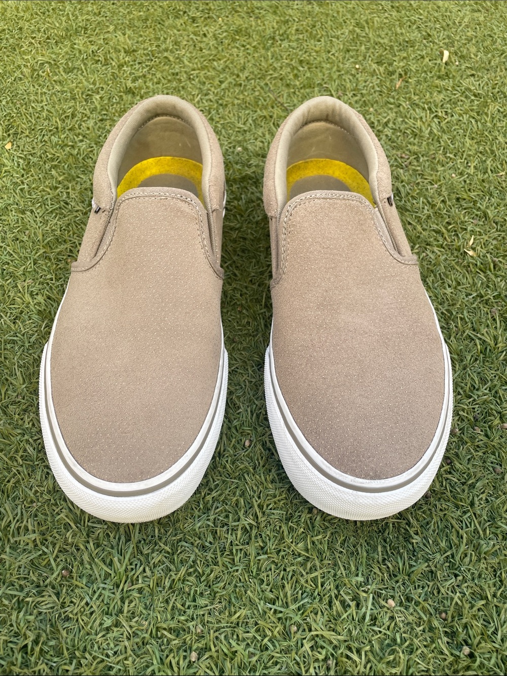 Vans Classic Ortholite Slip-On Loafers in Taupe Suede with White Sole